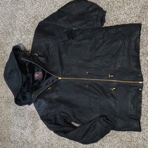 VTG G-III Women's Black Leather Coat Snakeskin Print Long Hood Jacket Size Large